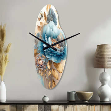 Blue And Gold Mixed Floral Bouquet II - Asymmetric Metal Wall Clock